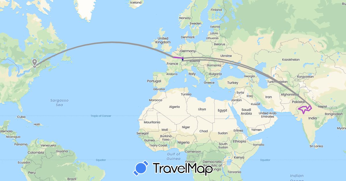TravelMap itinerary: driving, plane, train in Canada, France, India (Asia, Europe, North America)