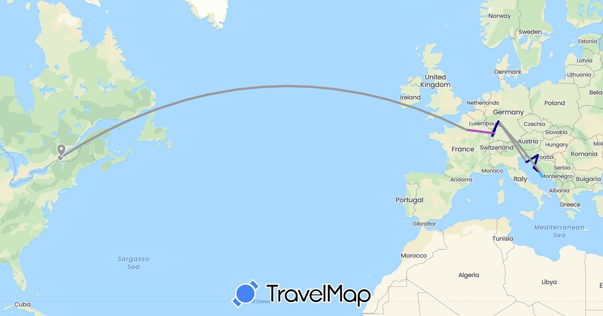 TravelMap itinerary: driving, plane, train, boat in Canada, Germany, France, Croatia (Europe, North America)