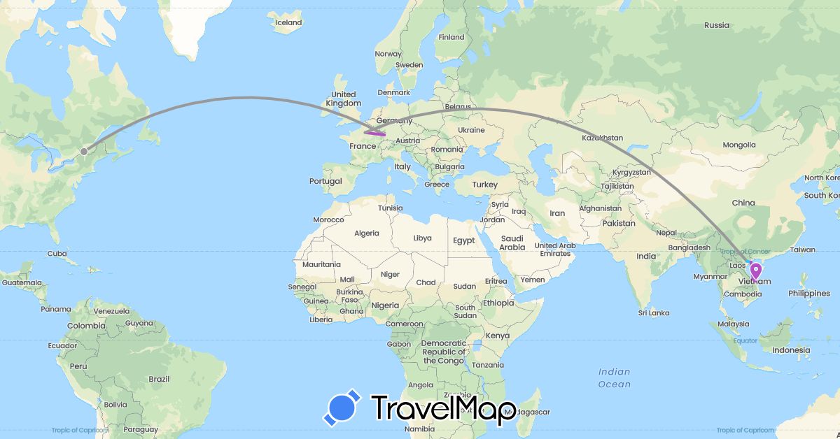 TravelMap itinerary: plane, train, boat in Canada, France, Vietnam (Asia, Europe, North America)
