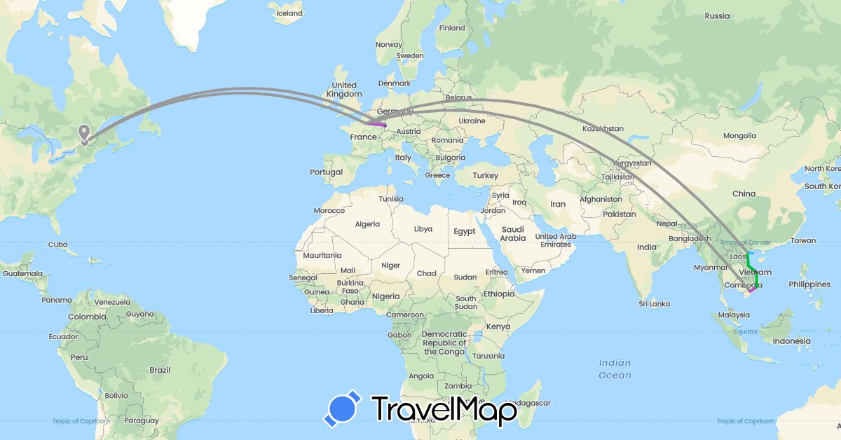 TravelMap itinerary: driving, bus, plane, train, boat, motorbike in Canada, France, Vietnam (Asia, Europe, North America)